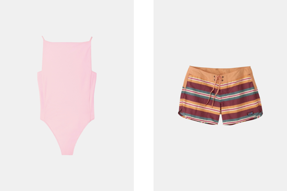 Fato de banho Sole, € 290, Jacquemus; Calções de banho Wavefarer®, € 70, Patagonia.