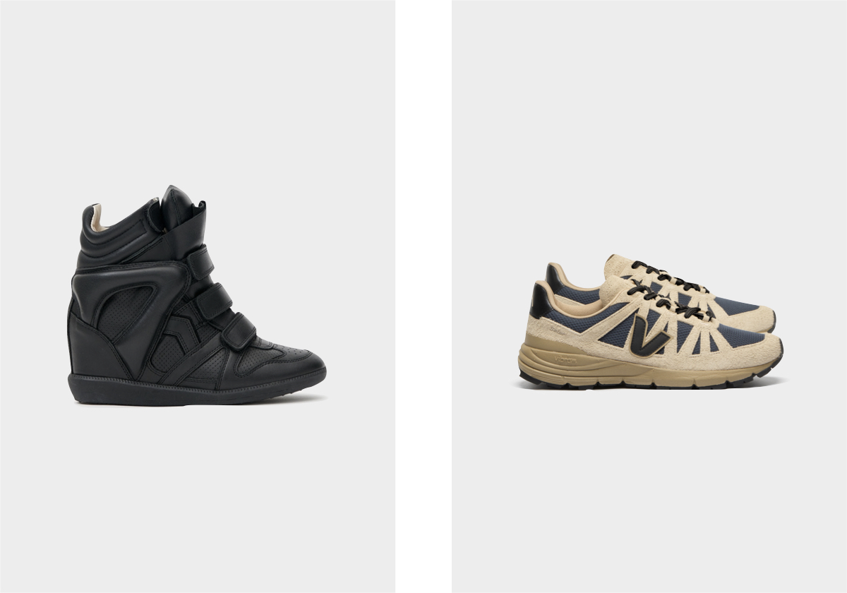 Ténis Bekett em pele, € 525, Isabel Marant; ténis Salar, € 185, Veja.