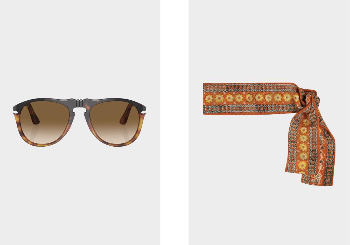 Óculos de sol 649 - Original, € 245, Persol; lenço em seda, € 190, Loro Piana, em mytheresa.com.