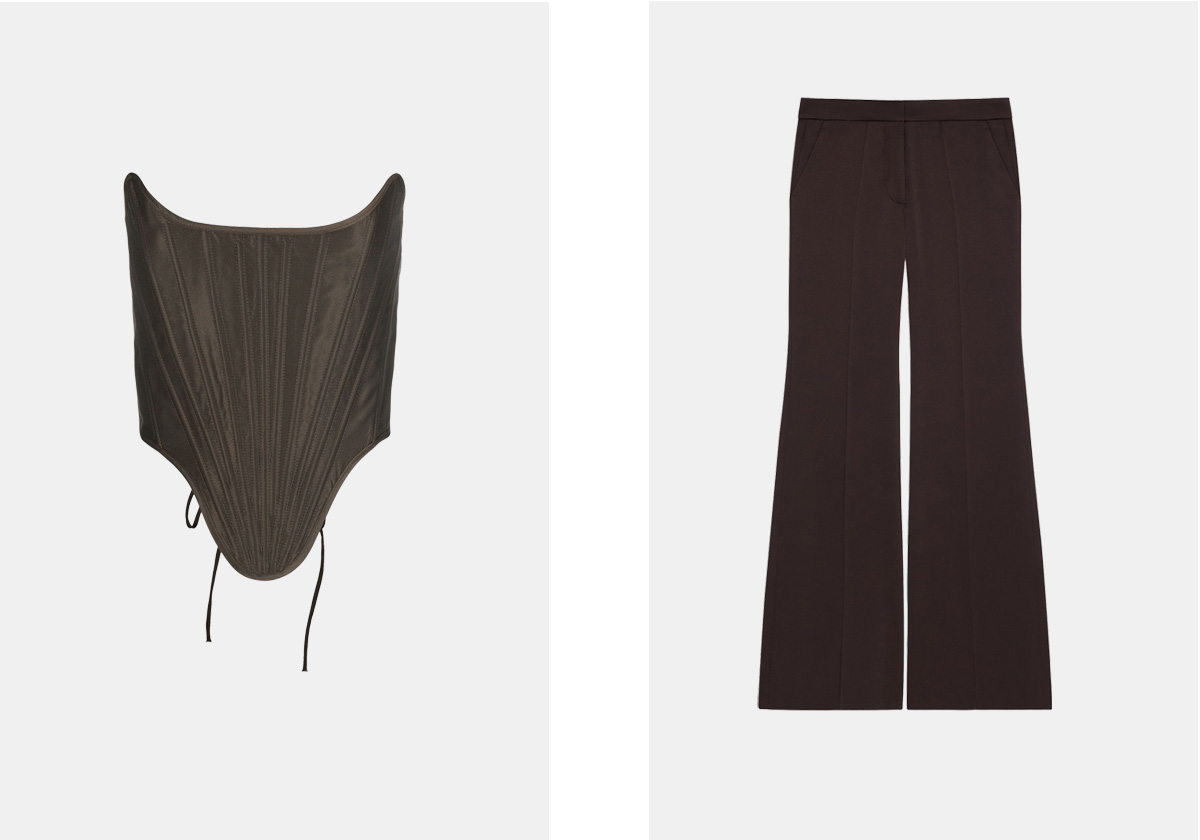 corset em poliéster reciclado, € 365, Marques'Almeida, em farfetch.com; calças em cetim, € 1.390, Givenchy.