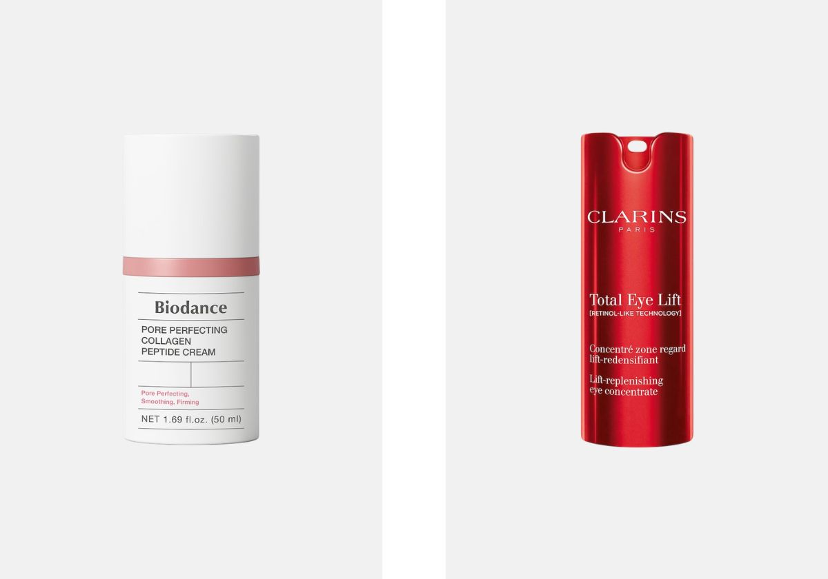 À esquerda: Creme hidratante e refirmante Pore Perfecting Collagen Peptide, €31, Biodance, na Sephora. À direita: Cuidado de olhos tensor redensificante Total Eye Lift, €61, Clarins, na Sephora.