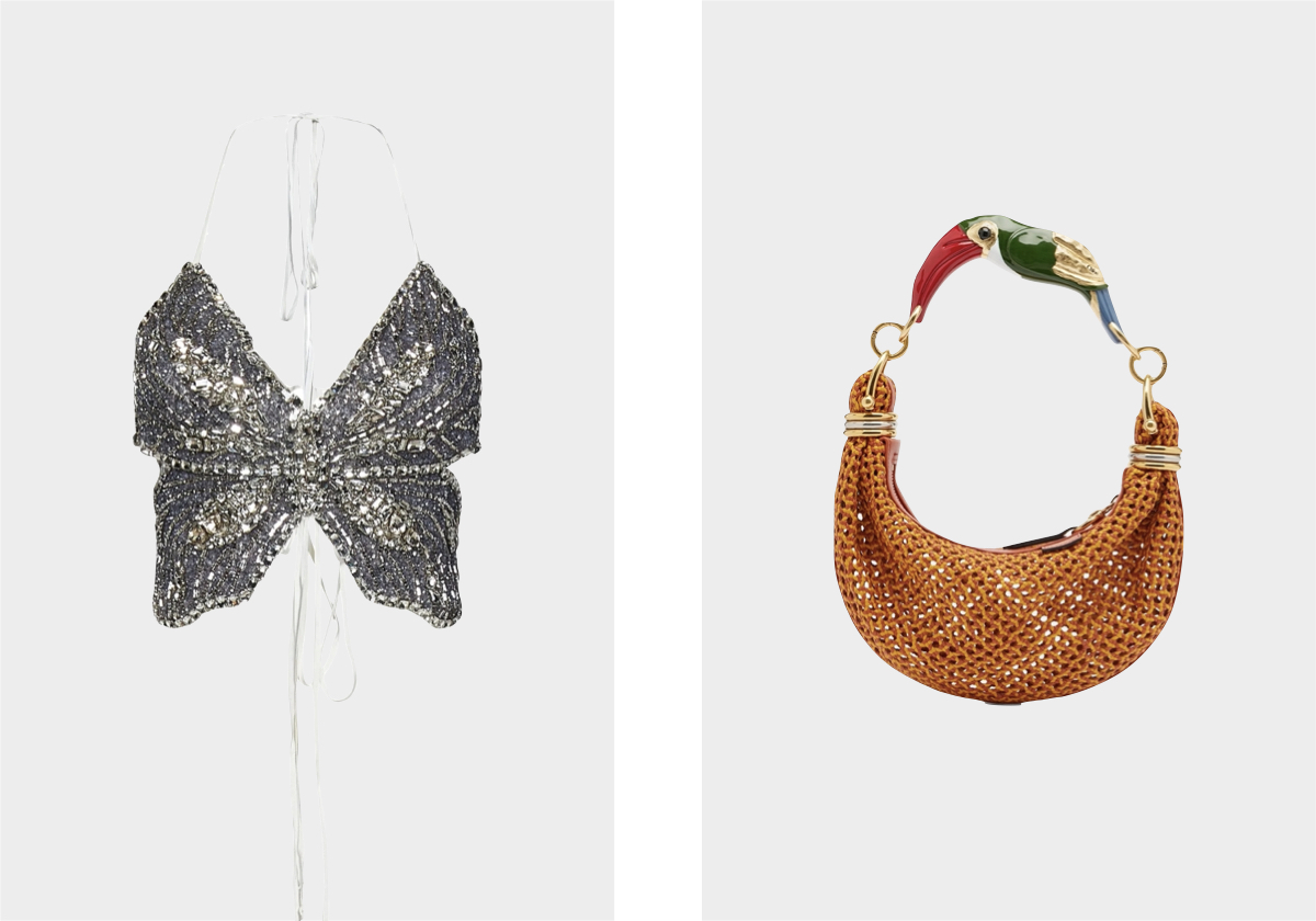 Top com cristais, € 829, ROOM76, em farfetch.com; carteira Bracelet Small em pele, € 2.990, Chloé, em mytheresa.com.