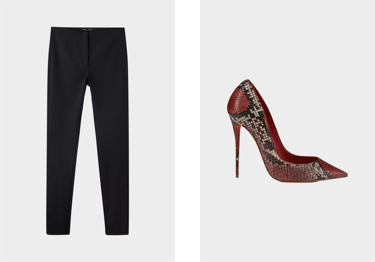 Calças em poliéster e algodão, € 35,99, Mango; sapatos La Pigalle em pele, € 1.985, Christian Louboutin.