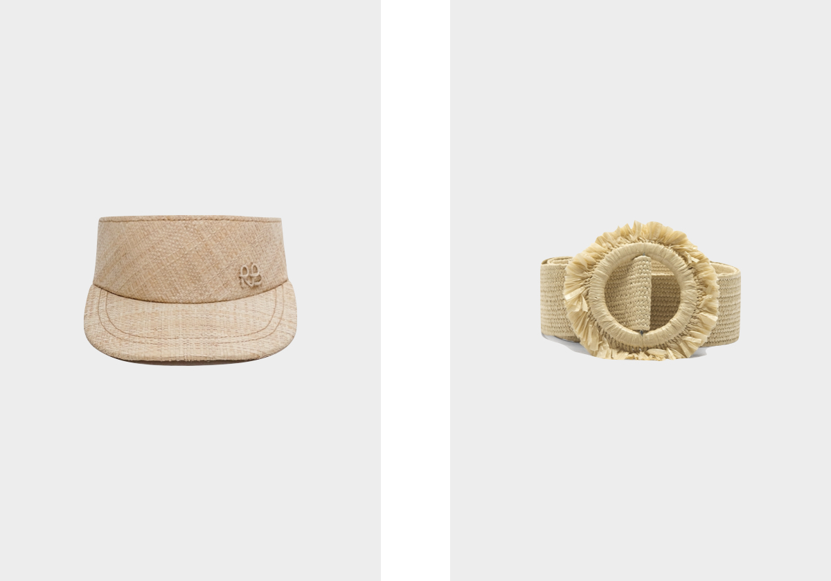 Visor em palha, € 215, Ruslan Baginskiy; Cinto em palha, € 17,99, Parfois.