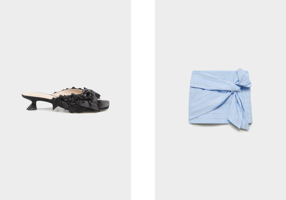 Sandálias em cetim, € 188,90, Fracomina; saia em algodão, € 35,99, Mango.