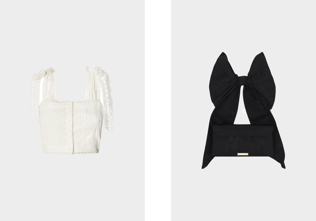 Top em algodão, € 79, Pepe Jeans; carteira Ramona Bow, €293, Loeffler Randall, em revolve.com.
