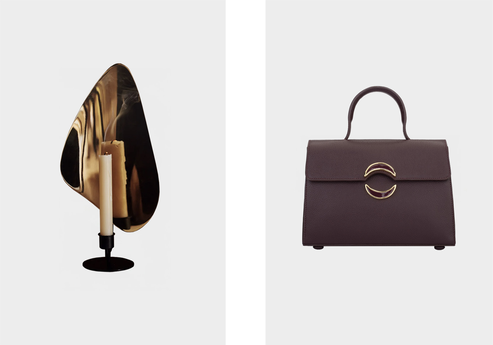 Castiçal flambeau H34, € 180, Kroyer-Seatter-Lassen, em Audocph.com; carteira aura, € 1.200, Ownever, em Ownever.com..