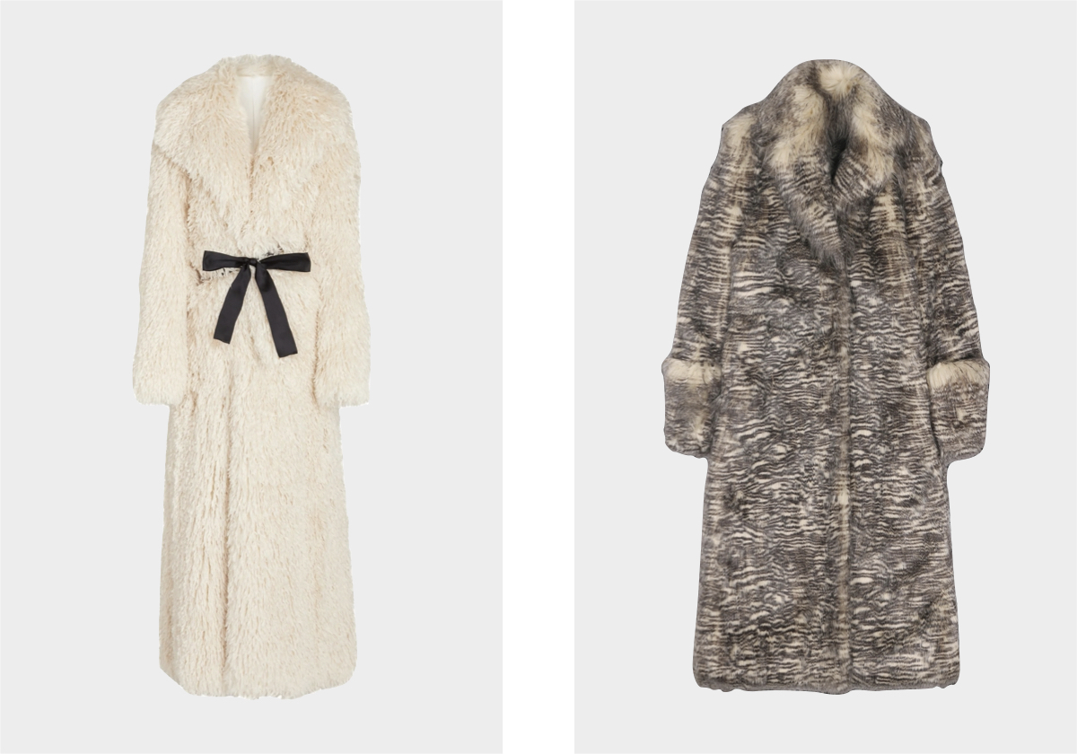 Em pêlo sintético, € 3.690, Giambattista Valli, em farfetch.com; Coco, € 691,95, Entire Studios.