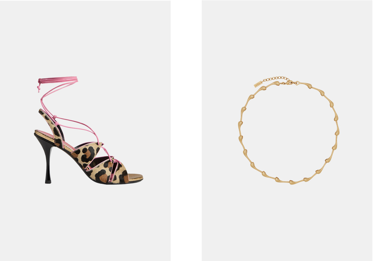 Sandálias em pele, € 850, DSquared2; colar Drop, € 695, Saint Laurent by Anthony Vaccarello.