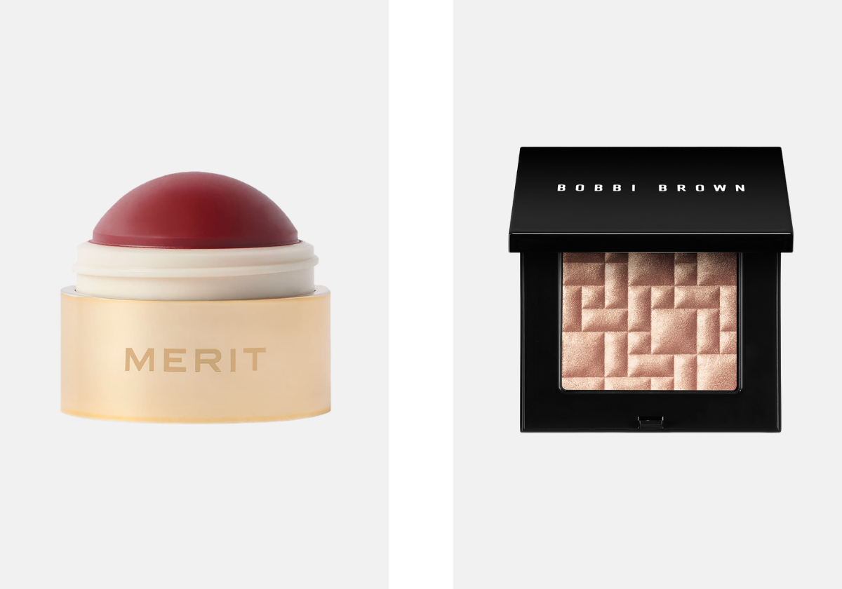 À esquerda: Blush em creme, €29, Merit, na Sephora. À direita: Iluminador, €51,40, Bobbi Brown, em notino.pt.