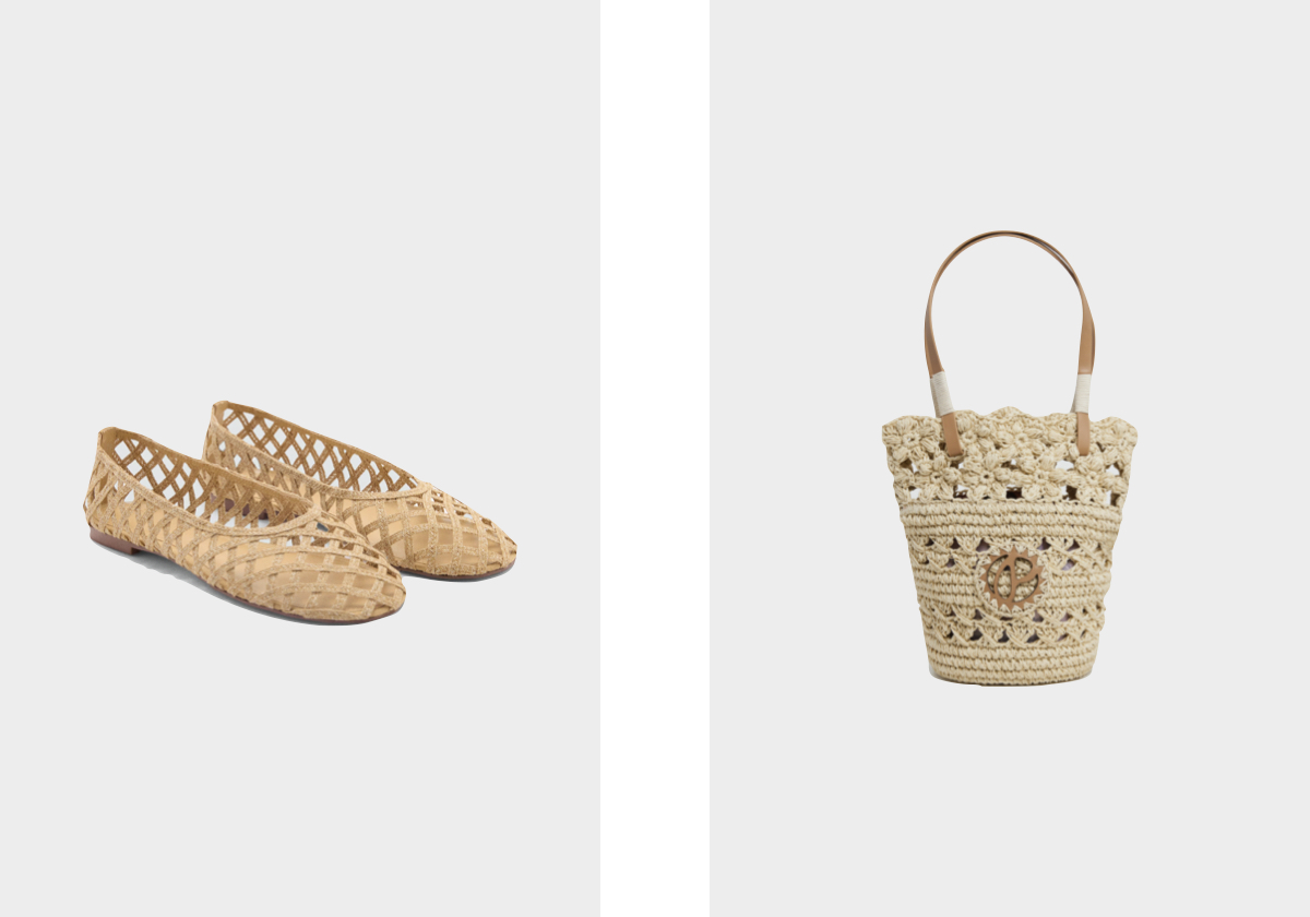 Sabrinas em palaha, € 39,99 Mango; Carteira em ráfia, € 89,90, Pepe Jeans.