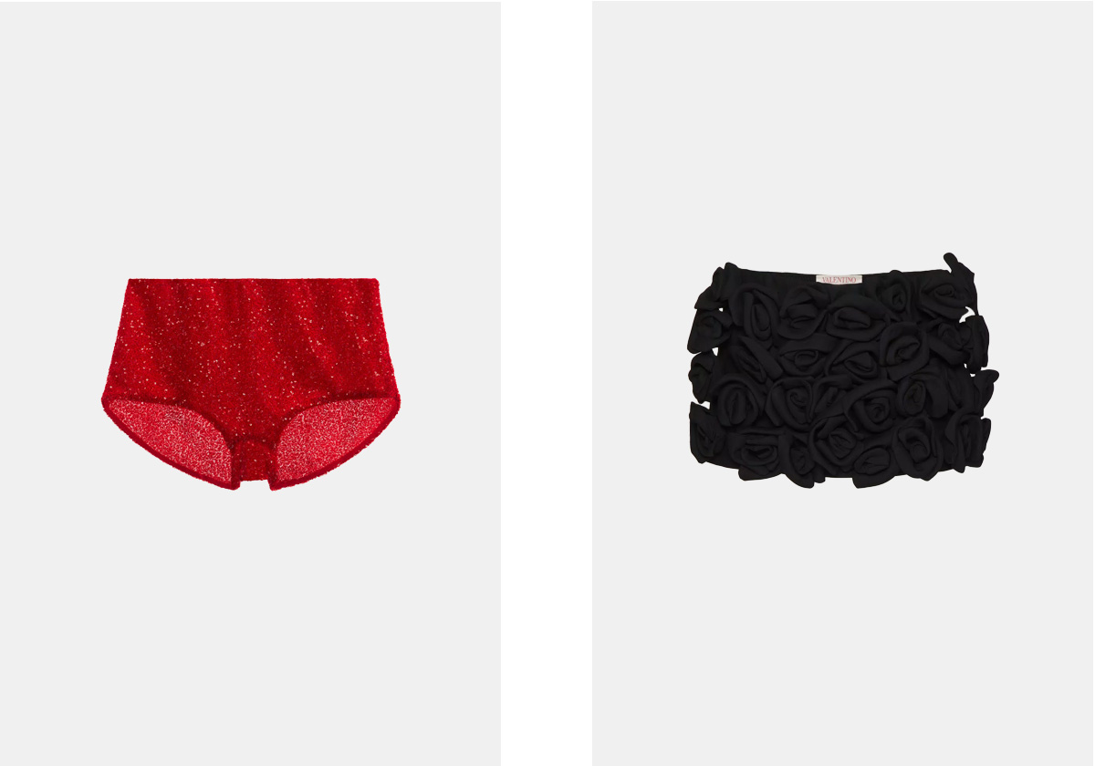 Cuecas com brilhantes, € 35,95, Zara; Saia-calção em lã e seda, € 5.000, Valentino.