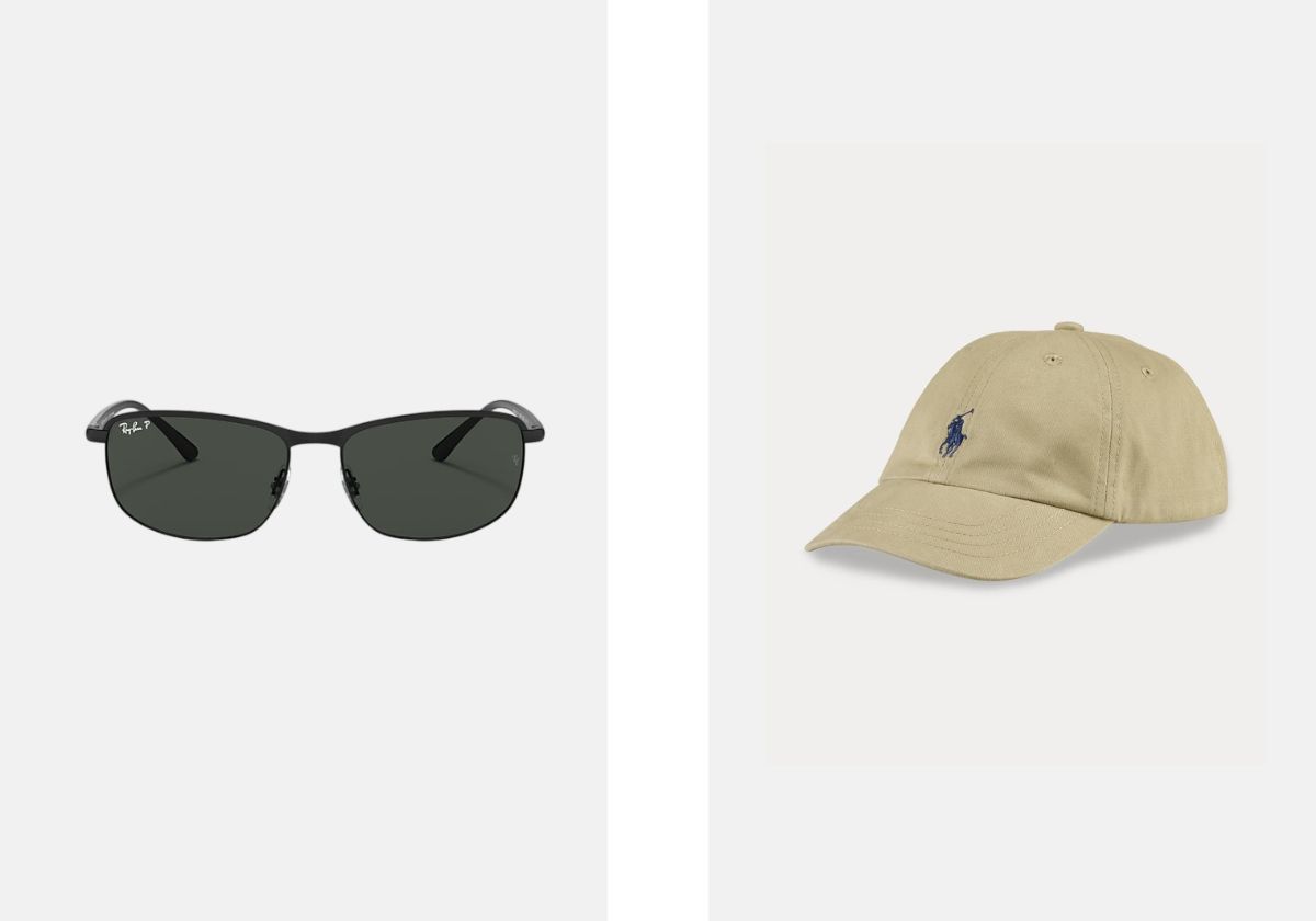 À esquerda: Óculos de sol com lentes polarizadas RB3671, €223, Rayban. À direita: Boné em sarja de algodão, €75, Polo Ralph Lauren.