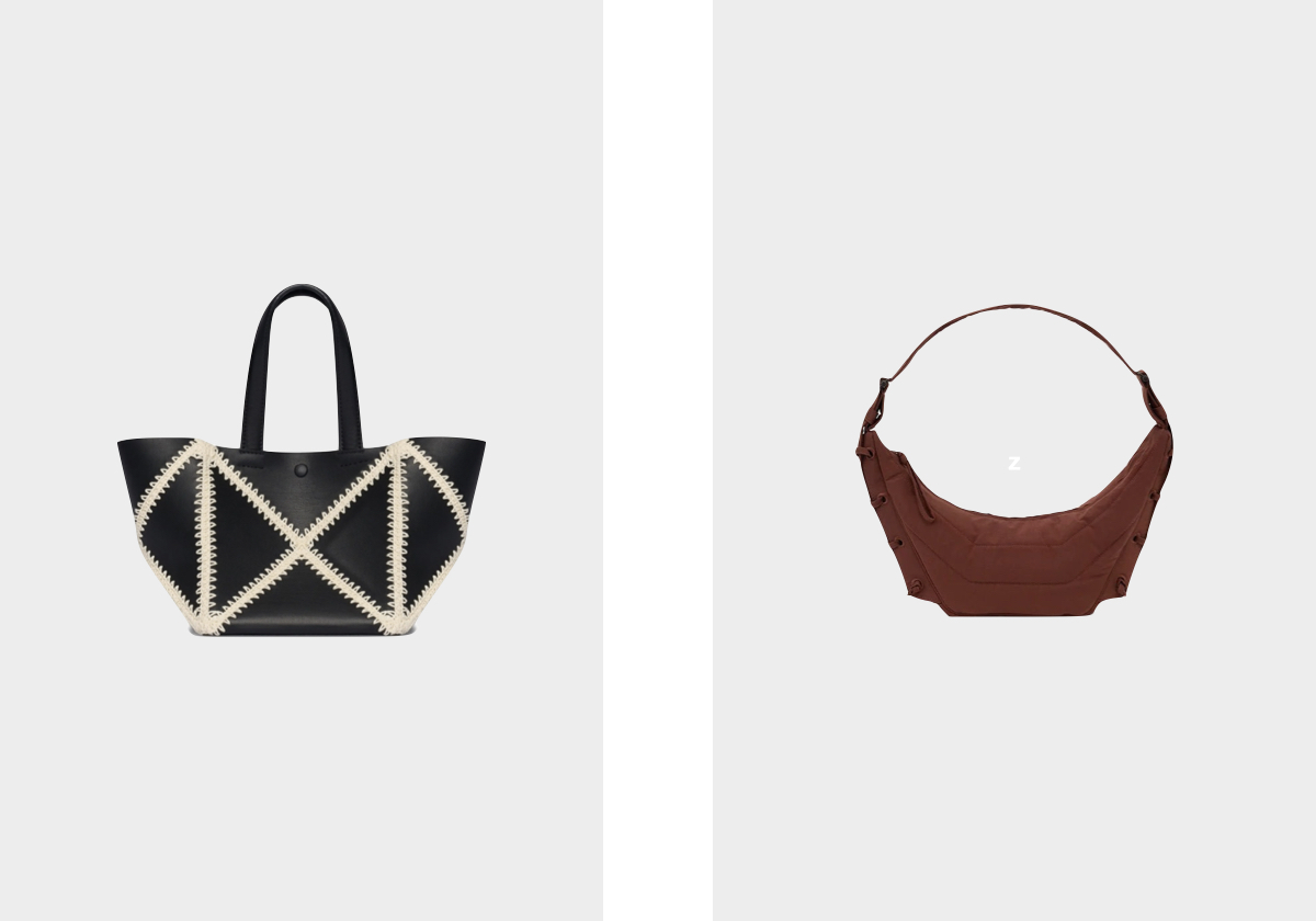 The Origami em pele, € 495, Nanushka, em farfetch.com; Small Soft Game em nylon, € 560, Lemaire.