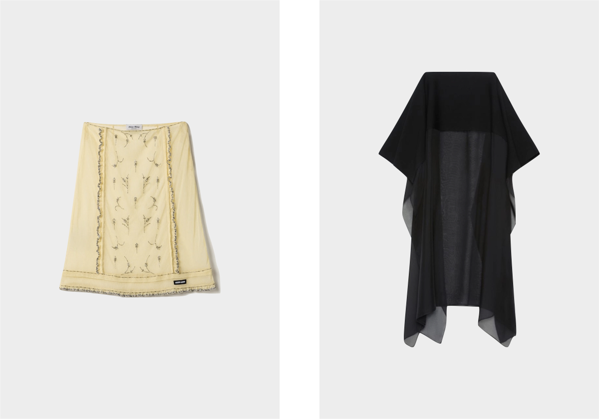 Saia em tule, € 4.900, Miu Miu; saia em viscose e seda, € 515, Sportmax.