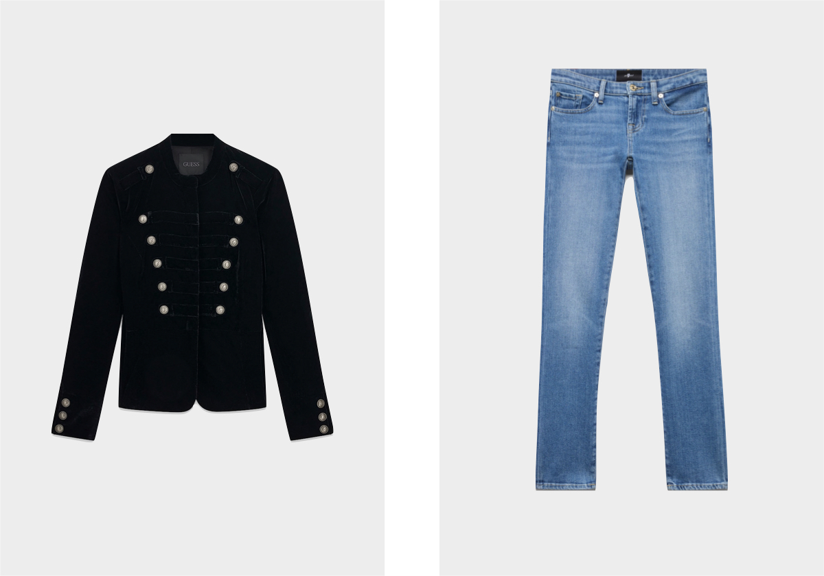 Casaco em poliéster, € 180, Guess; calças em denim, € 250, 7 for all mankind.