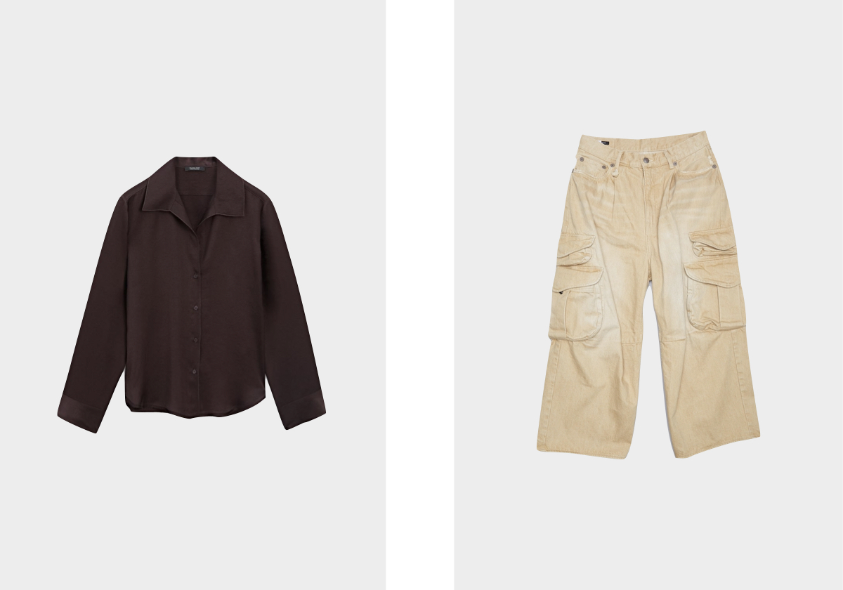 Camisaem cetim, € 49,95, Massimo Dutti; calças em denim, € 1.095, R13.