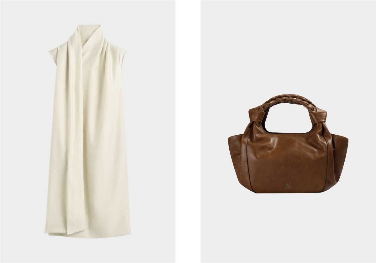 Vestido em lyocell, € 550, Toteme; carteira em pele, € 179, Scalpers.