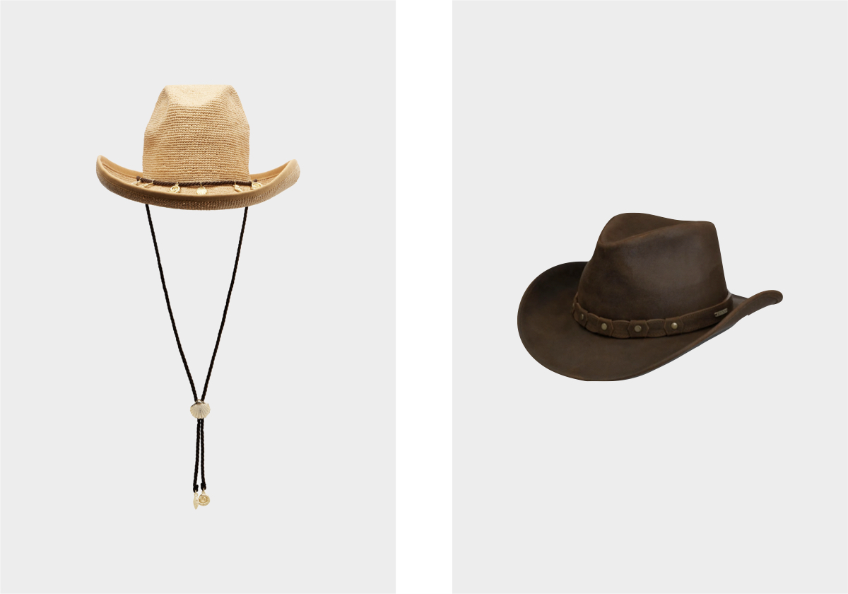Chapéu em ráfia, € 430, Oséree, em mytheresa.com; chapéu em pele, € 381, Stetson, em farfetch.com.