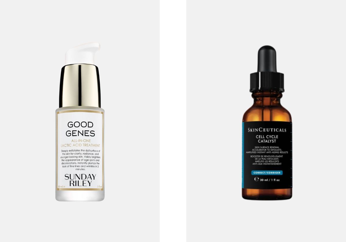 À esquerda: Tratamento Good Genes Lactic Acid, €115, Sunday Riley, em cultbeauty.com. À direita: Sérum Cell Cycle Catalyst, €110, Skinceuticals, em skin.pt.