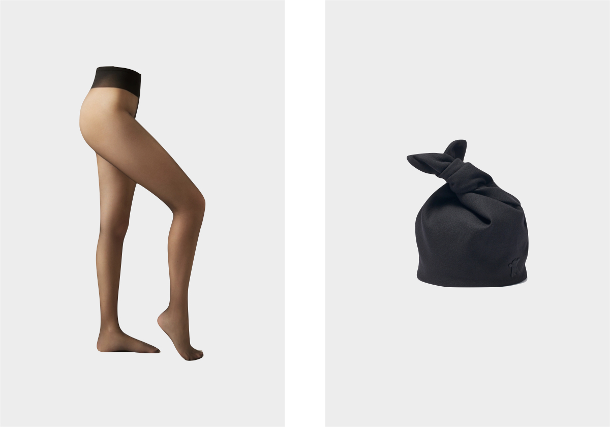 Collants Den 20, € 4,95, Calzedonia; chapéu em lã, preço sob consulta, Open YY.