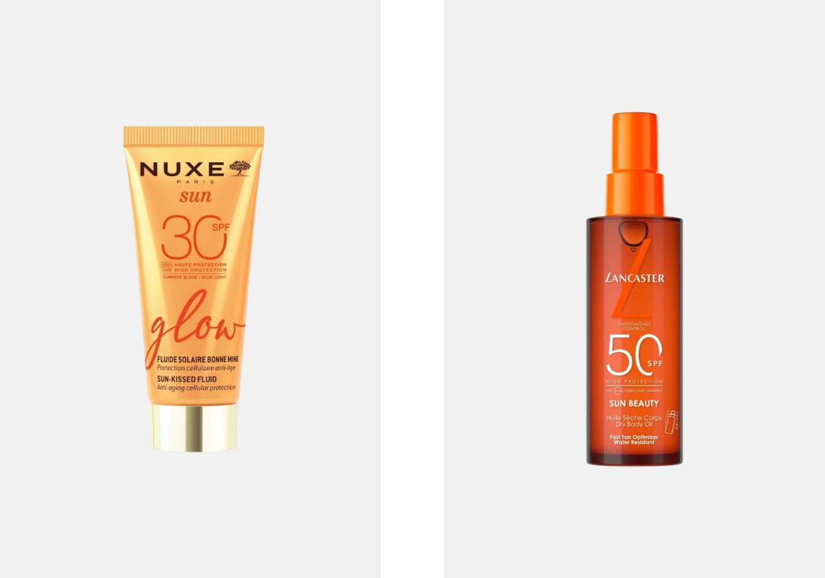 À esquerda: Protetor solar SPF 30 Sun Glow, €28,99, Nuxe, na Douglas. À direita: Protetor solar em óleo SPF 50 Sun Beauty, €46,99, Lancaster, na Douglas.