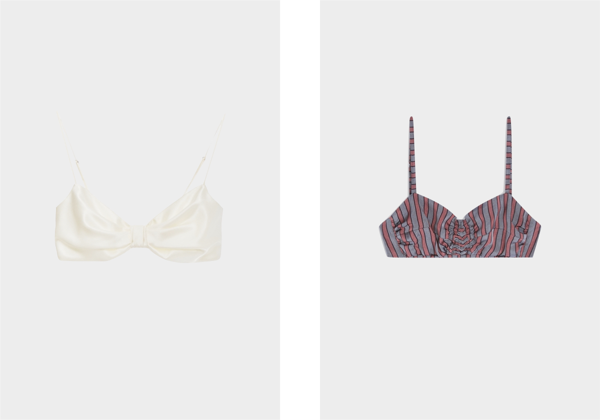 Ribbon Bra, preço sob consulta, DATT; top em viscose e seda, € 325, DRIES VAN NOTEN.