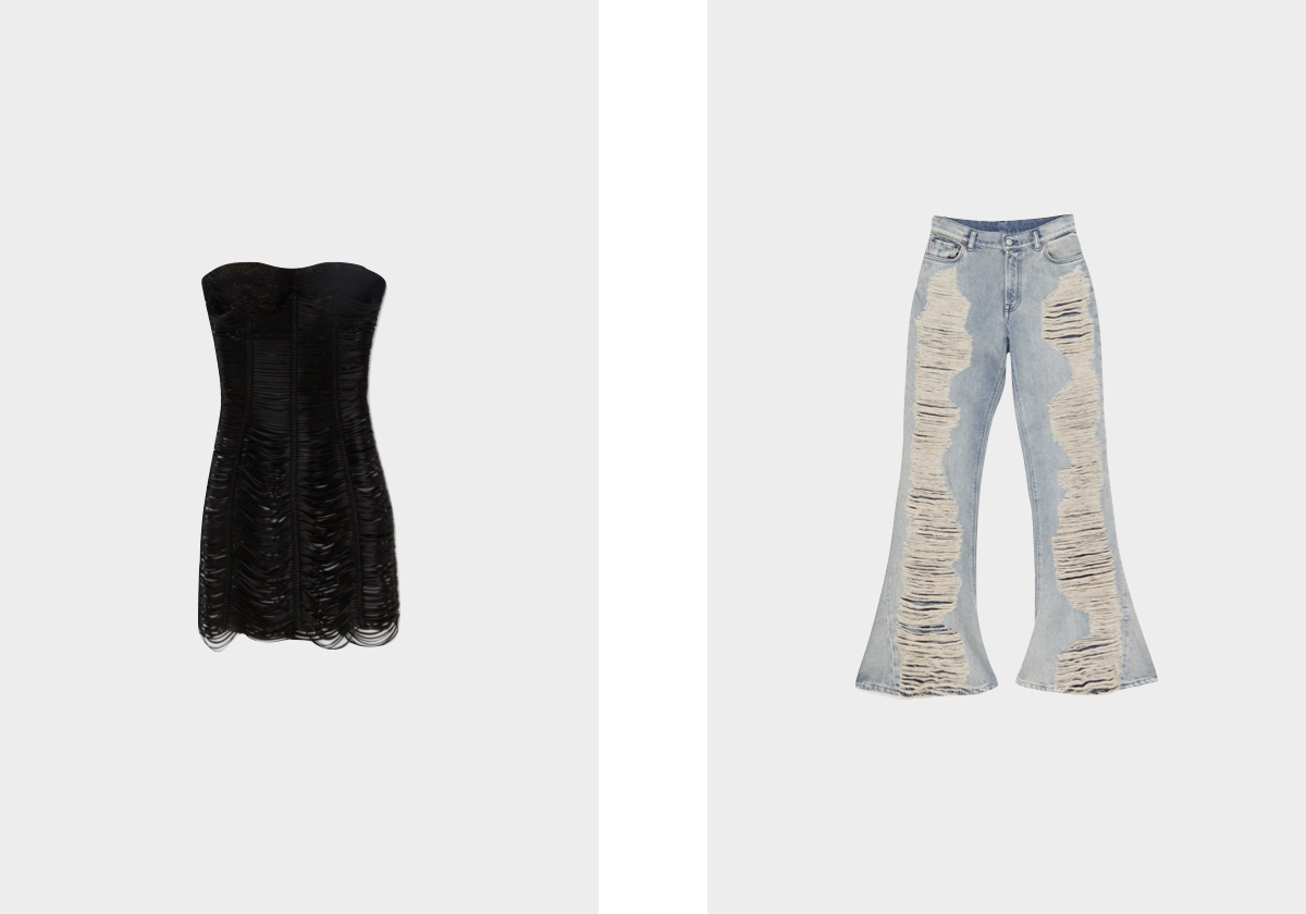Vestido em seda, € 5.290, Ermanno Scervino; calças em denim 2024F, € 620, Acne Studios.