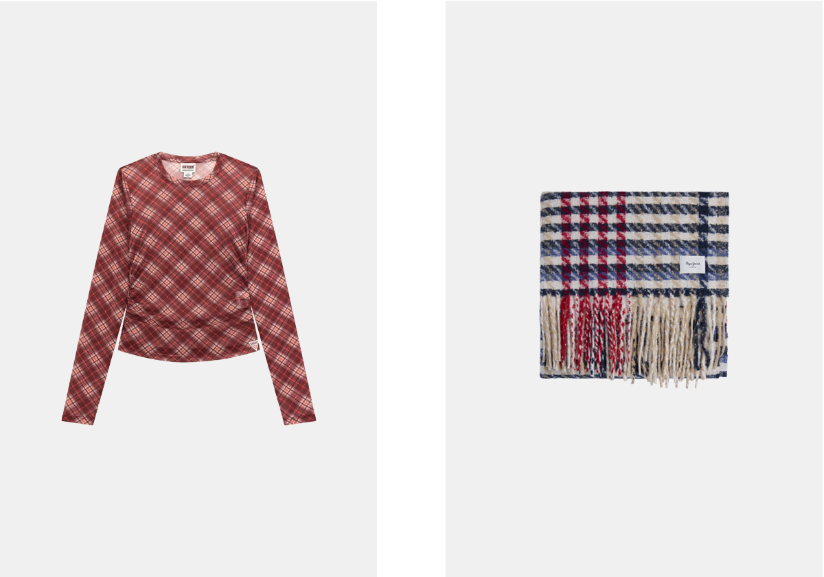 Top em poliéster, € 55, Guess; cachecol em poliéster, € 45, Pepe Jeans.