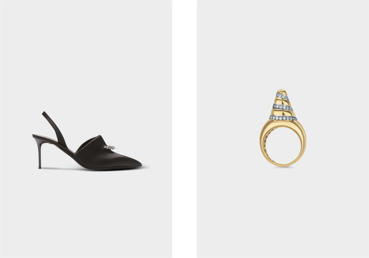 Slingbacks em viscose, € 1.050, Balmain; anel Alem da coleção Thalassa, € 4.400, Tavares 1922.