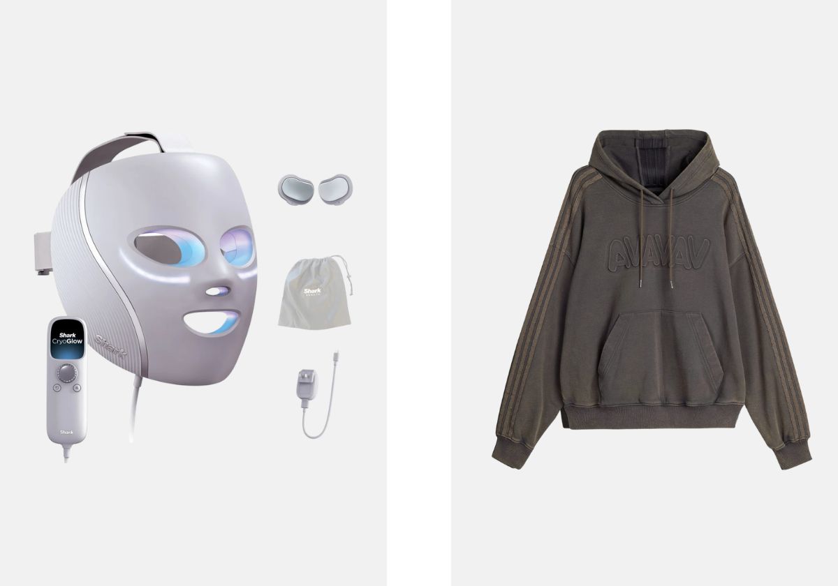 À esquerda: Máscara LED antienvelhecimento e reparadora de imperfeições CryoGlow, €344,99, Shark Beauty, em cultbeauty.com. À direita: Camisola com capuz adidas by Avavav, €260, Adidas.