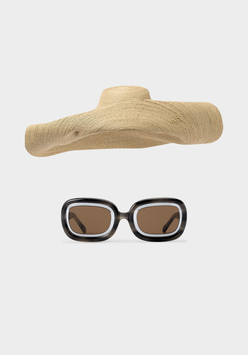 Chapéu The Cabana, € 690, Jacquemus; óculos de sol LV Wide, € 590, Louis Vuitton.