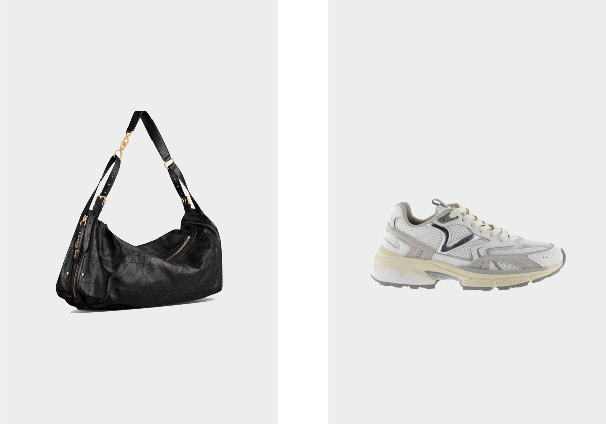 Carteira Large D-Journey em pele, € 4.600, Dior; ténis Mythos, € 109,90, Victoria Shoes.