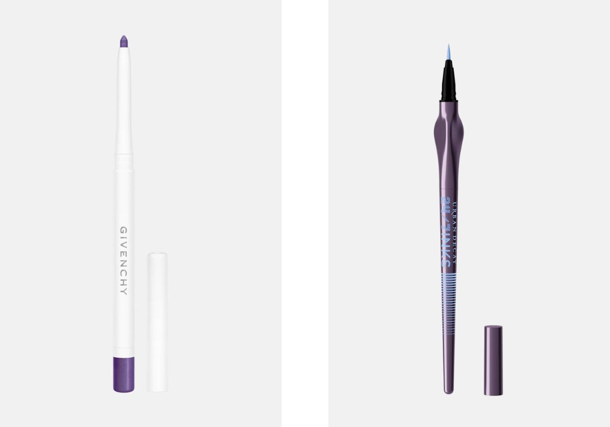 Lápis de olhos à prova de água Khôl Couture, no tom Lilac, € 28, Givenchy, na Sephora; Eyeliner 24/7 Inks, no tom Binge, € 23,95, Urban Decay, na Cult Beauty.
