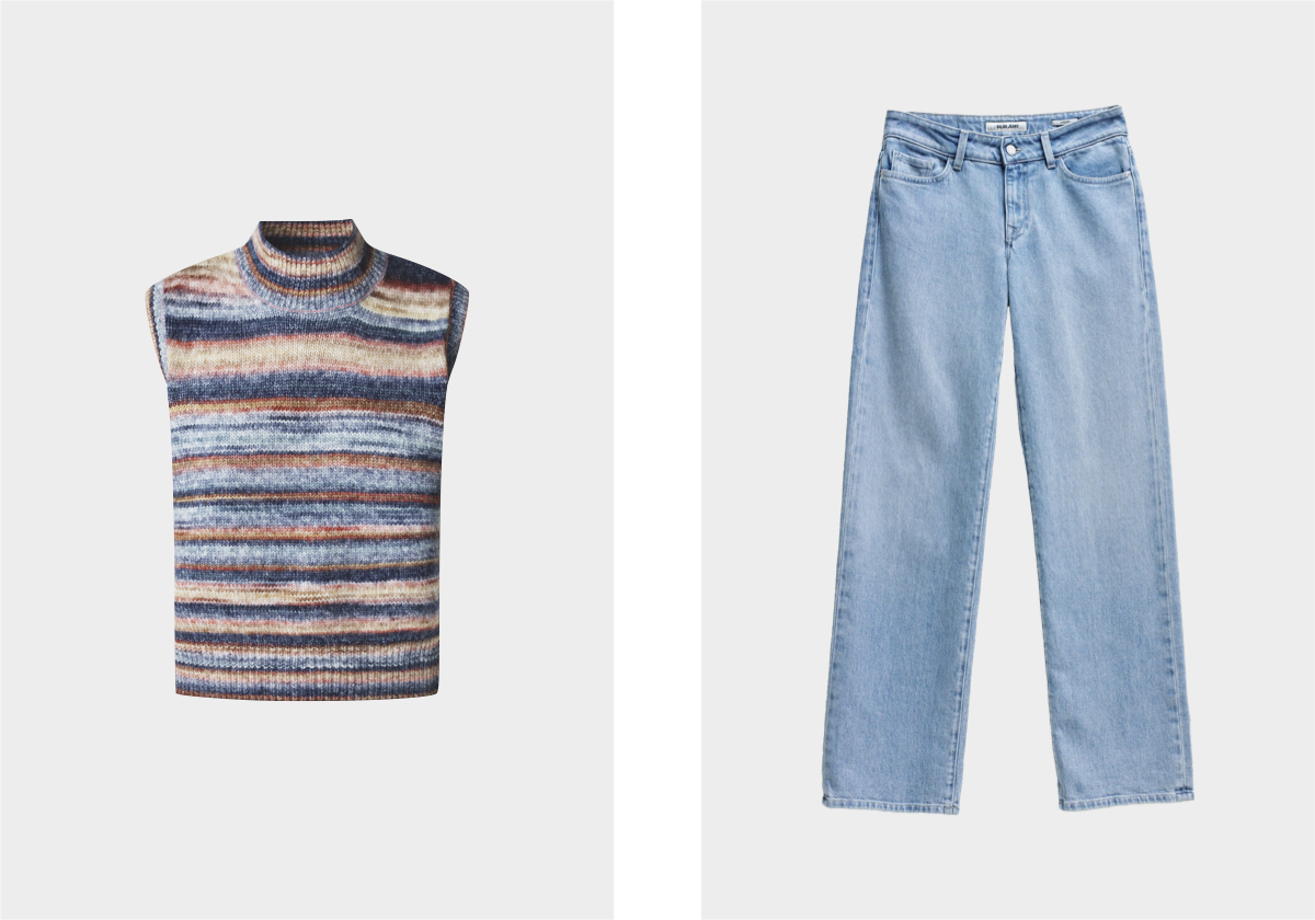 Colete em lã, € 69, Pepe Jeans; calças em denim, € 89,95, Salsa Jeans.
