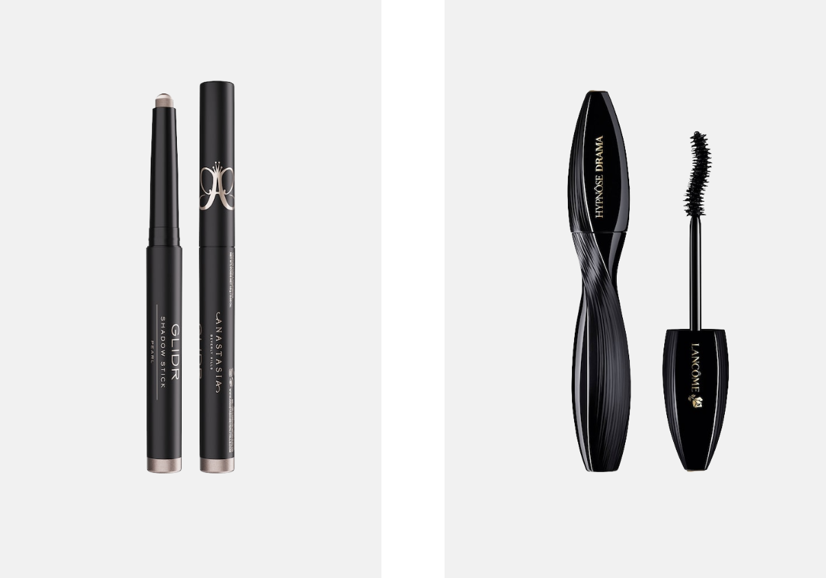 À esquerda: Sombra para olhos em stick, €32, Anastasia Beverly Hills, na Sephora. À direita: Máscara de pestanas à prova de água Hypnôse Drama, €44, Lancôme, na Sephora.