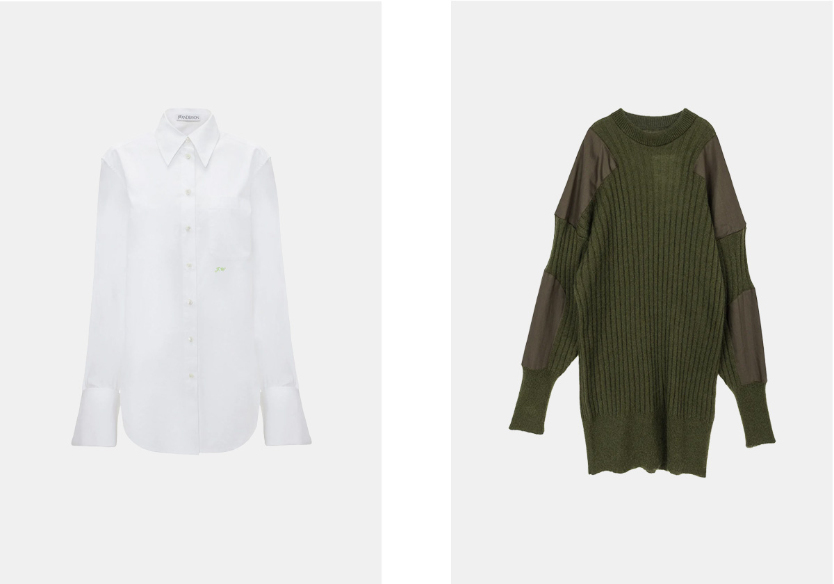 Camisa em algodão, € 450, JW Anderson; camisola em lã, € 851,95, Vaquera.