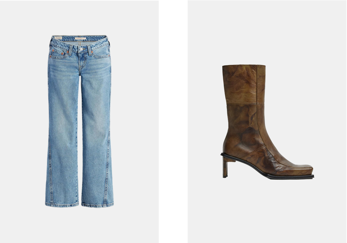 Calças em denim Noughtie, € 110, Levi's; Botas Amparo em pele, € 420, Miista.