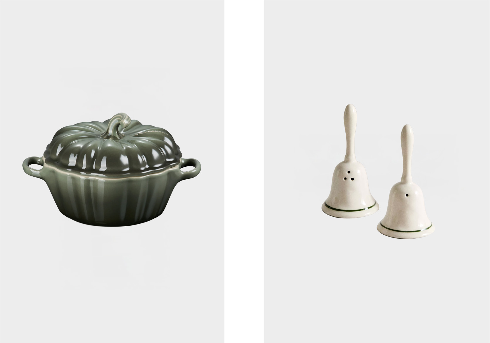 Caçarola pumpkin, € 49,99, Le Creuset, em Westwing.pt; conjunto saleiro e pimenteiro, € 15,99, Zara Home, em Zarahome.com.