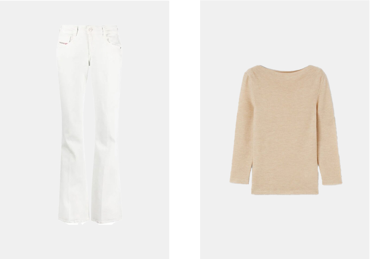 Calças em denim 1969 D-Ebbey, € 175, Diesel; camisola em caxemira, €1.200, Loro Piana.