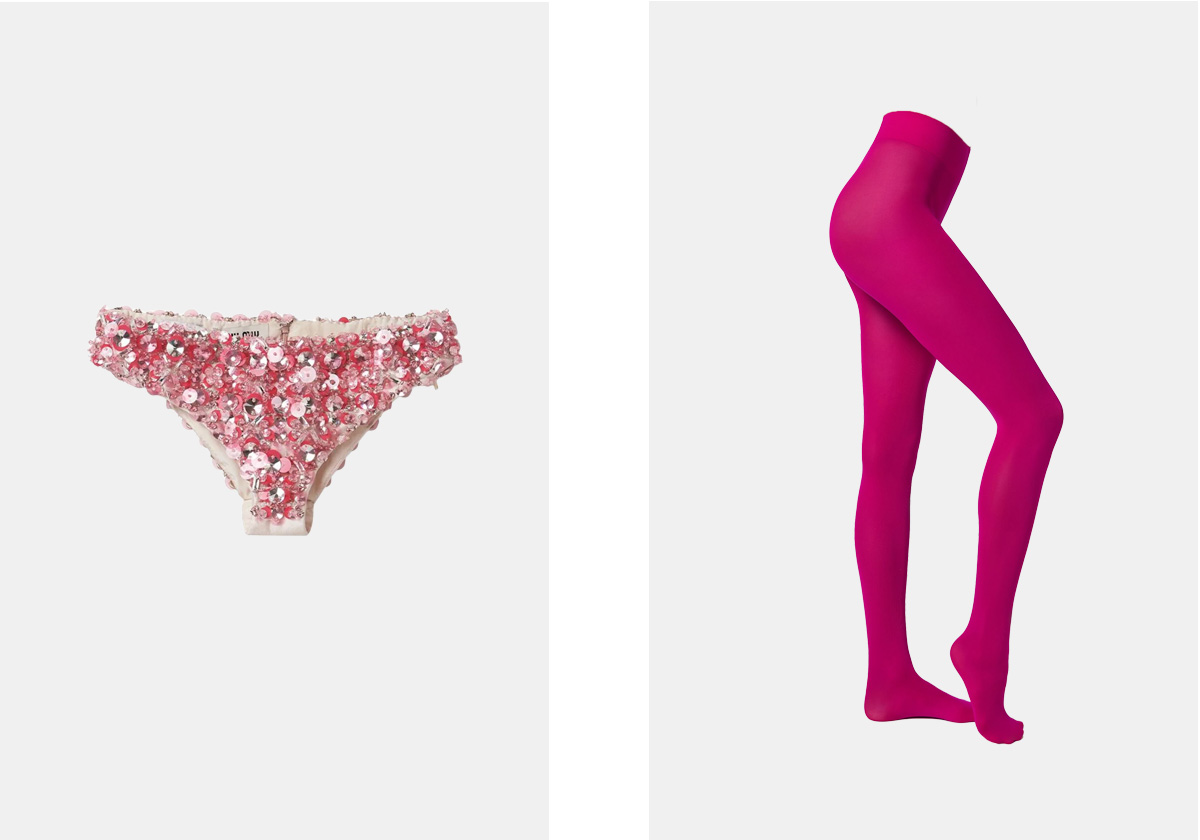 Cuecas em lã e seda, € 3.900, Miu Miu; collants 50 den, € 6,95, Calzedonia.