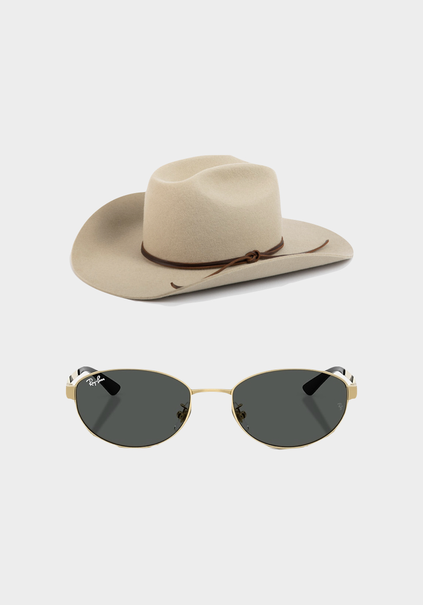 Chapéu The Harvey, € 155, Hurricane Lab; óculos de sol RB3774D157, € 157, Ray-Ban.