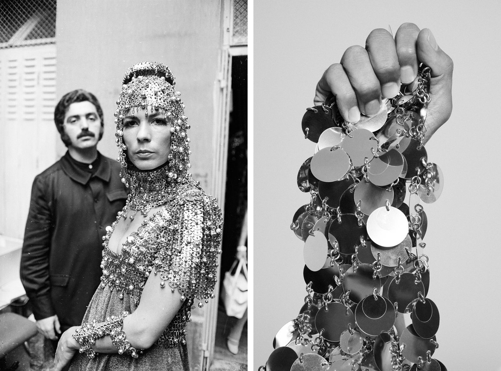 À esquerda: O designer de Moda espanhol Paco Rabanne com a modelo Isabel Feldel, que veste uma das suas elaboradas criações metálicas, em 1967.À direita: A icónica cota de malha da Rabanne, segurada por Olivier Rousteing.