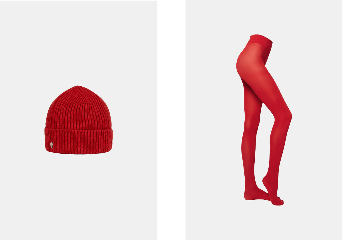 Gorro Amor em lã, € 49,90, Thinking Mu; collants 50 Den, € 6,95, Calzedonia.