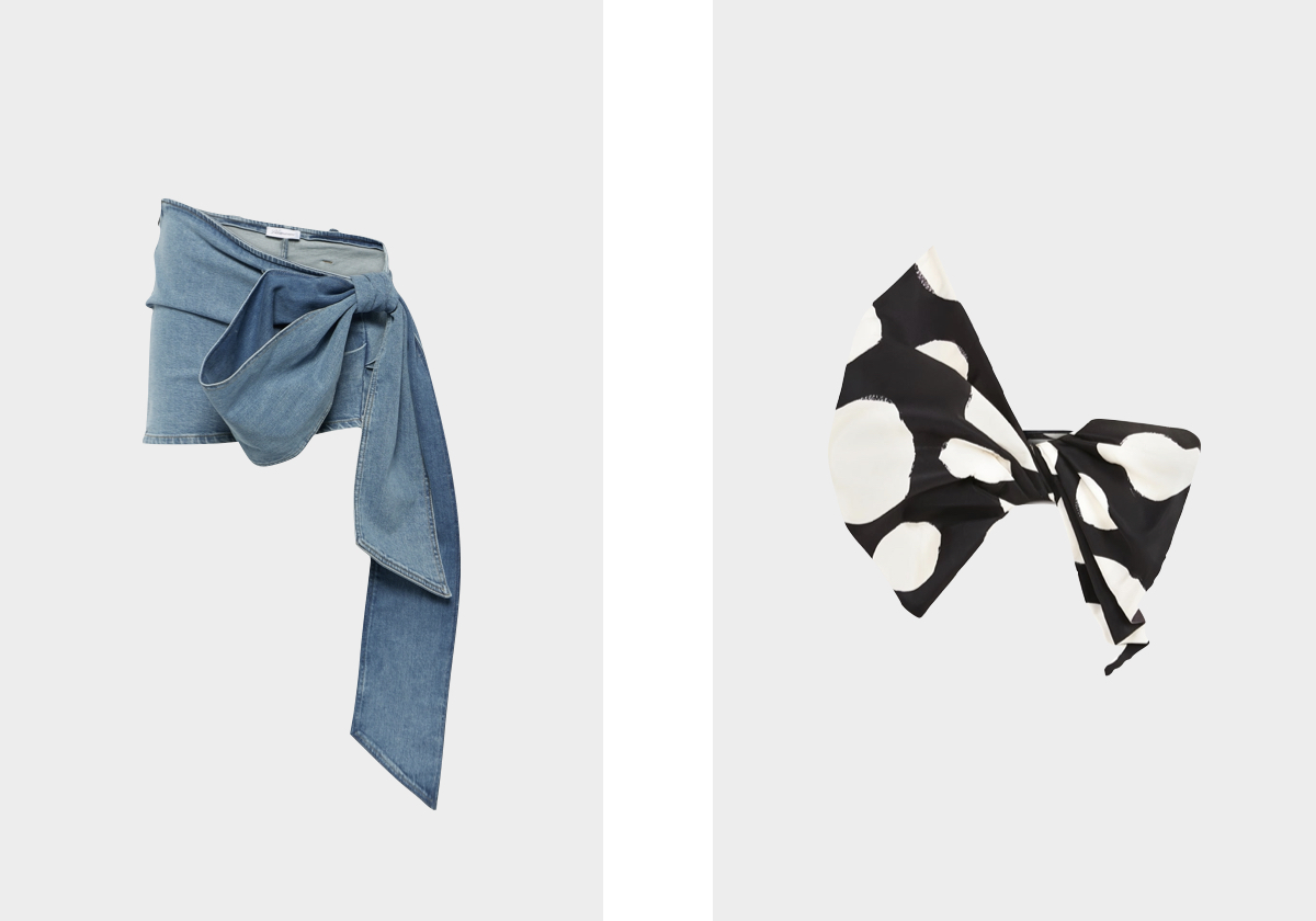Saia em denim, € 475, Blumarine, mytheresa.com; Top em poliéster reciclado, € 550, Nina Ricci.