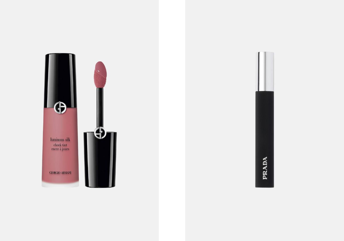 Blush líquido Luminous Silk Cheek Tint, no tom Delicate Mauve, €47,23, Armani Beauty, na Wells; Máscara de pestanas Pradascope, €45, Prada.