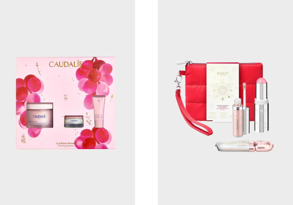 Coffret Resveratrol-Lift, €47,90, Caudalie; coffret Snow-kissed Holiday Festive,€28,99, Kiko Milano.