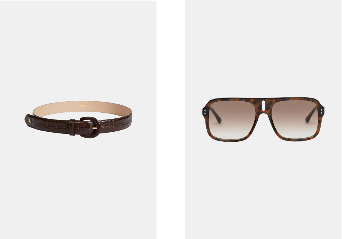 Cinto Cooper, € 130, Rouje; óculos de sol Maika, € 180, Isabel Marant
