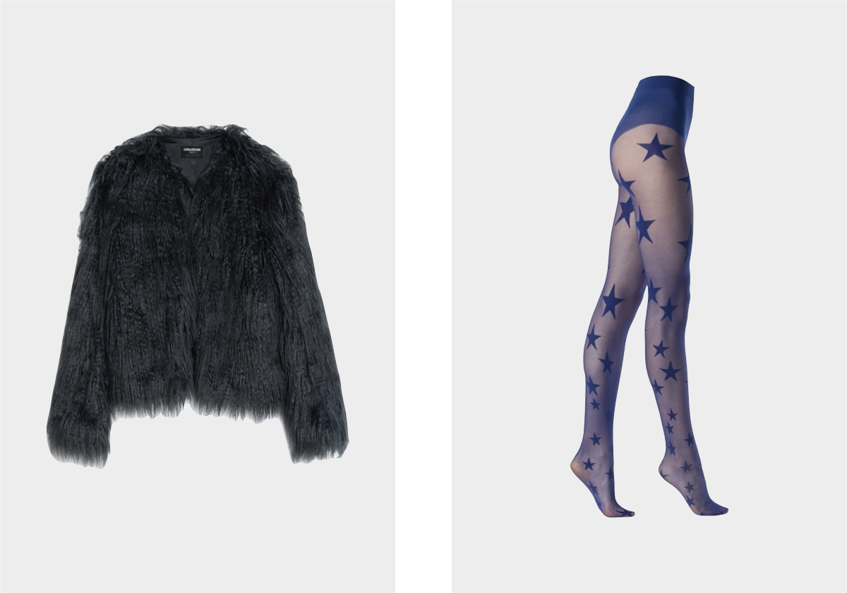 Casaco Freddie, € 525, Zadig & Voltaire; collants Galaxy 20 den, € 23, Emilio Cavallini.