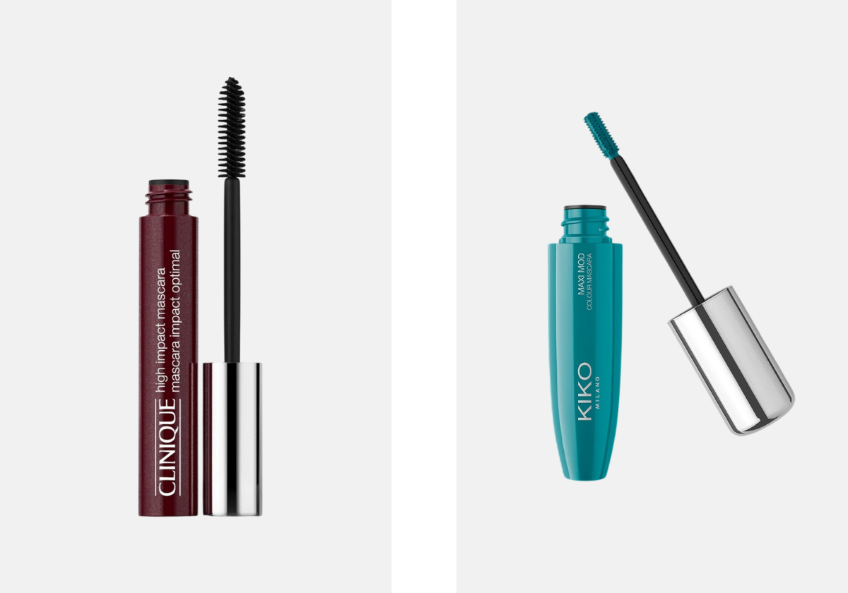 Máscara de pestanas High Impact, no tom Black Honey, € 33,30, Clinique, no El Corte Inglés; Máscara de pestanas Maxi Mod Colour, no tom Metallic Green, KIKO Milano.